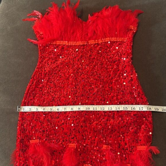 Women’s Short Red Strapless Sequined BodyCon Party Dress with Feathers Size L - Picture 9 of 16